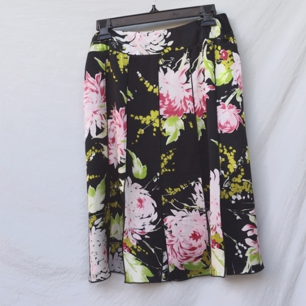 Drama Pink and Black Floral Silk Midi Skirt With Peek-a-boo Slits Women's 8